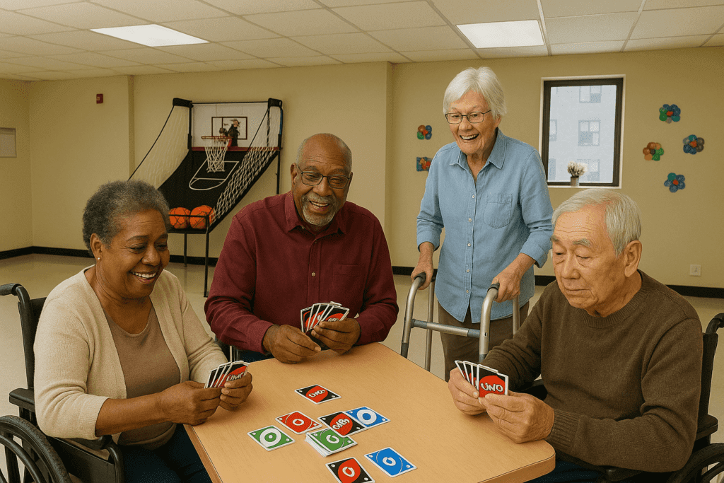 Members playing a card game together at a table at Penn Village Adult Day Care in Philadelphia